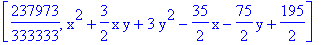 [237973/333333, x^2+3/2*x*y+3*y^2-35/2*x-75/2*y+195/2]